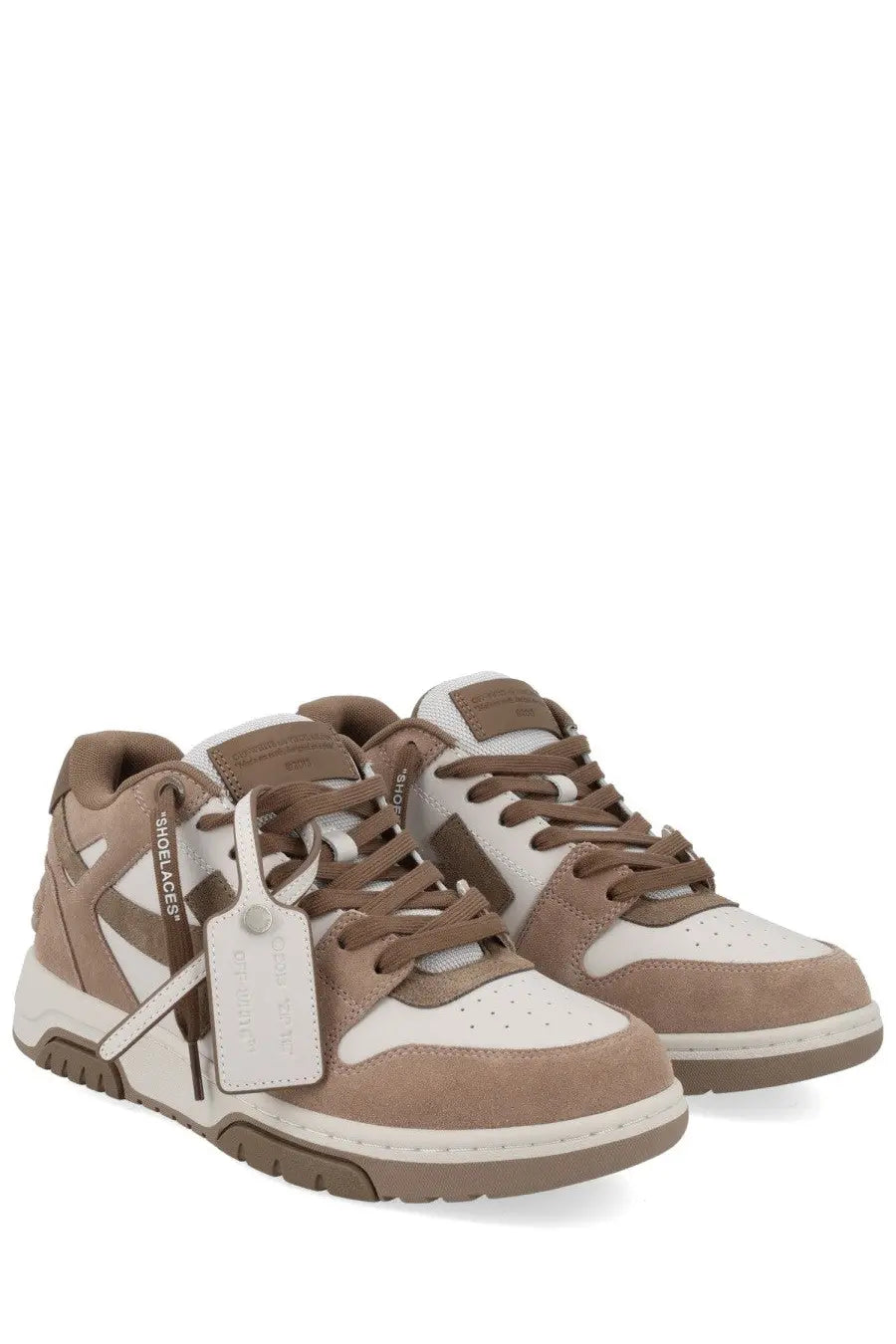 Off-white men’s sneaker out of office beige tan and white suede sneakers with chunky sole and off-white logo on side