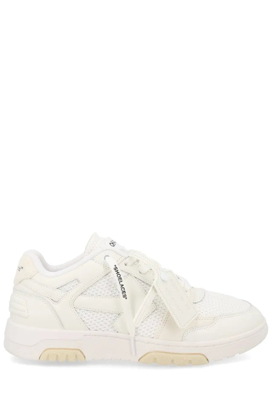Off-White men’s slim white sneaker with mesh and leather panels and distinctive shoelaces tag on the laces