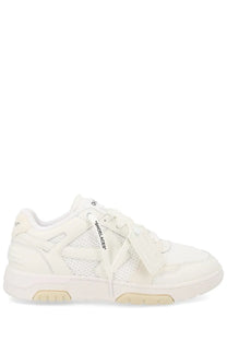 Off-White men’s slim white sneaker with mesh and leather panels and distinctive shoelaces tag on the laces