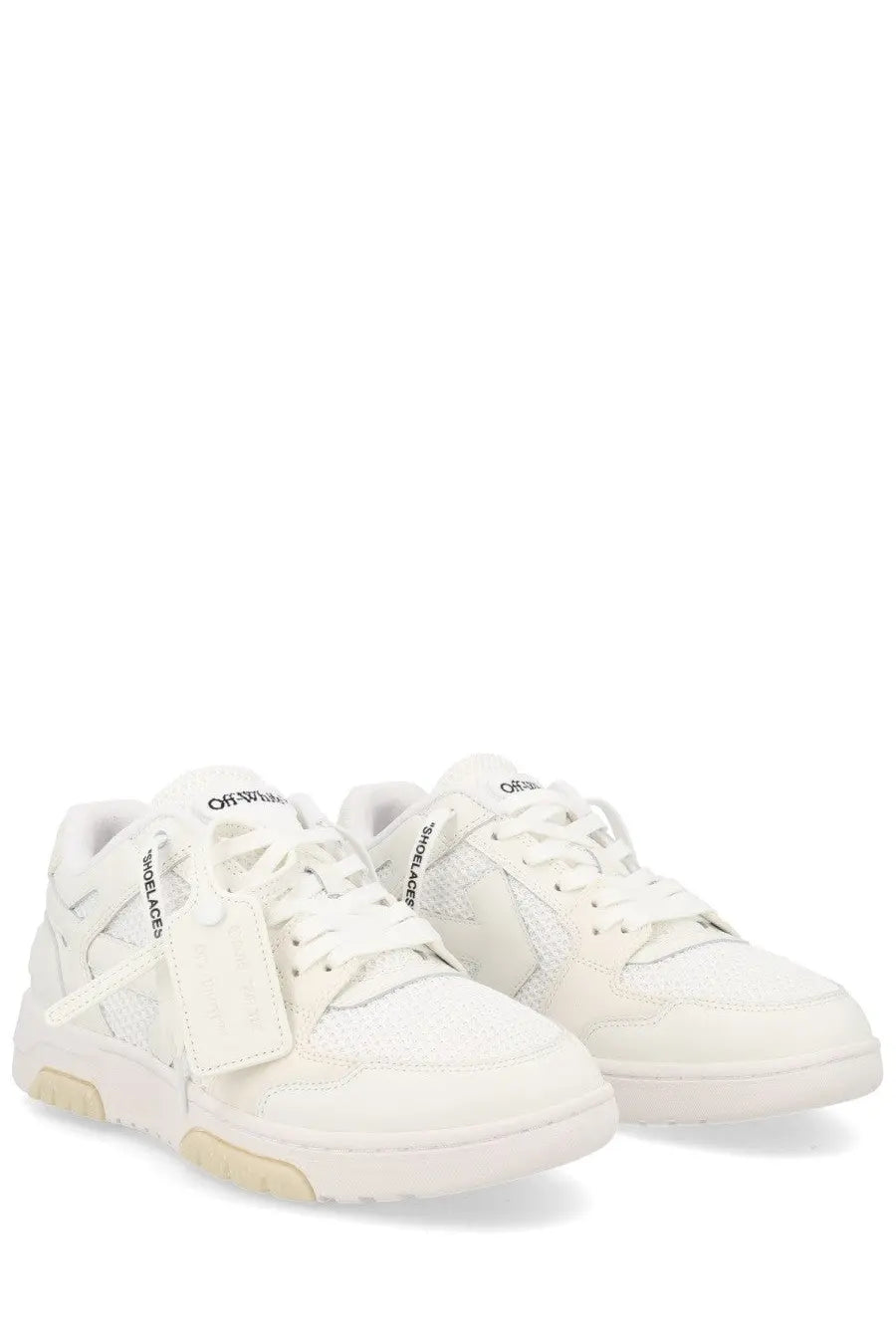 Off-White men’s slim white sneaker out of office with minimalist mesh and leather panels and black branding tags