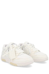 Off-White men’s slim white sneaker out of office with minimalist mesh and leather panels and black branding tags