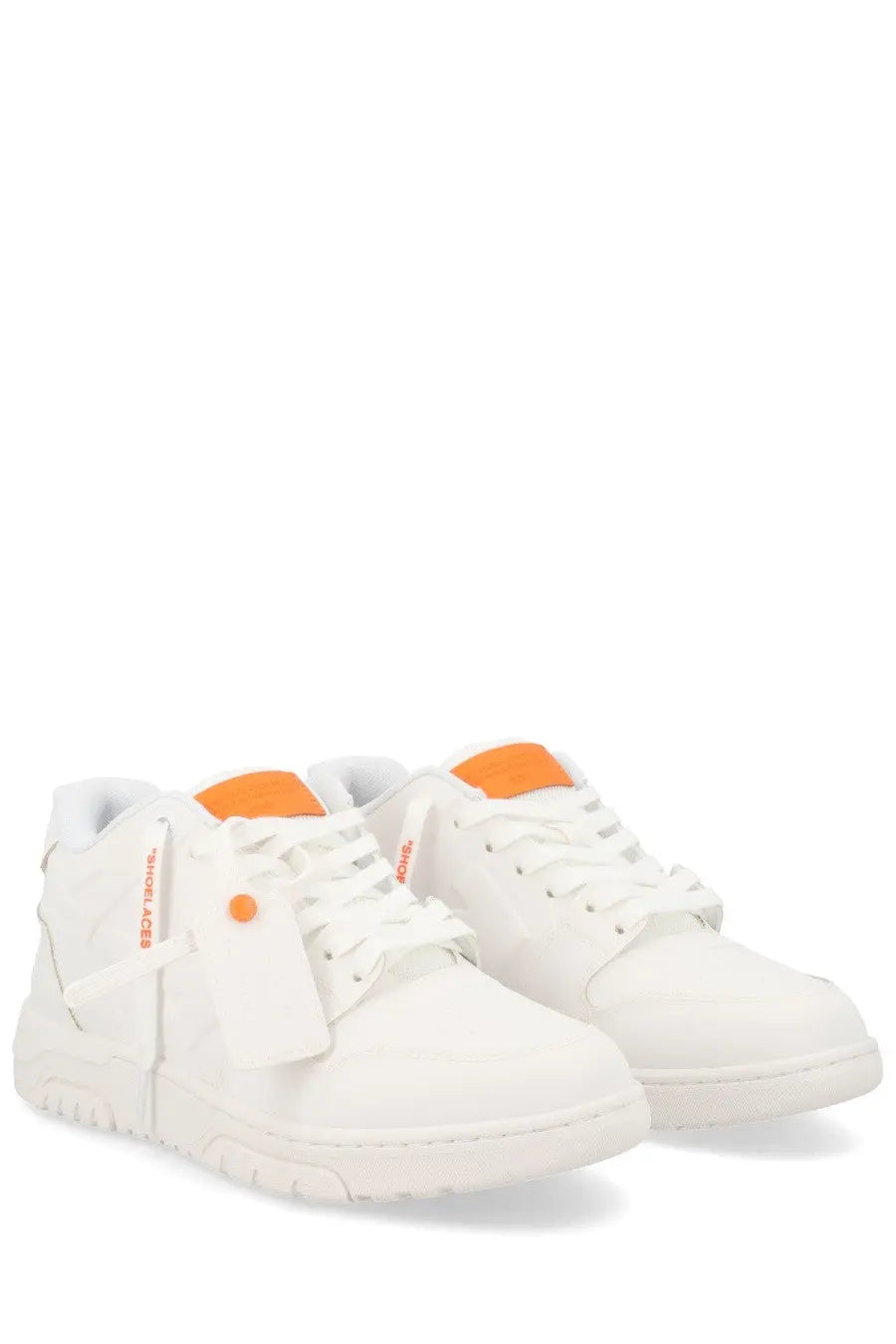 Off-White men’s sneaker out of office white with white off-white leather and orange accents featuring a distinctive tag design