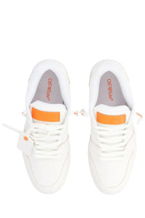 Off-white men’s sneaker out of office with minimalist design and orange accents on white leather upper