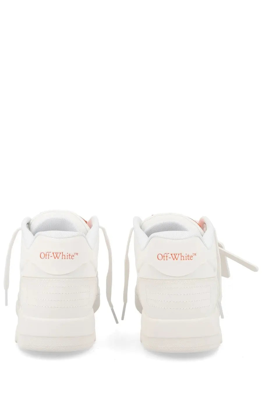 Off-white men’s sneaker out of office white showing back side with off-white leather and orange heel branding