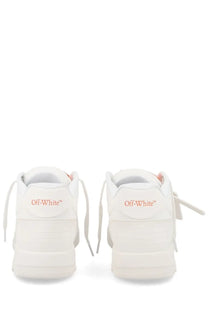 Off-white men’s sneaker out of office white showing back side with off-white leather and orange heel branding