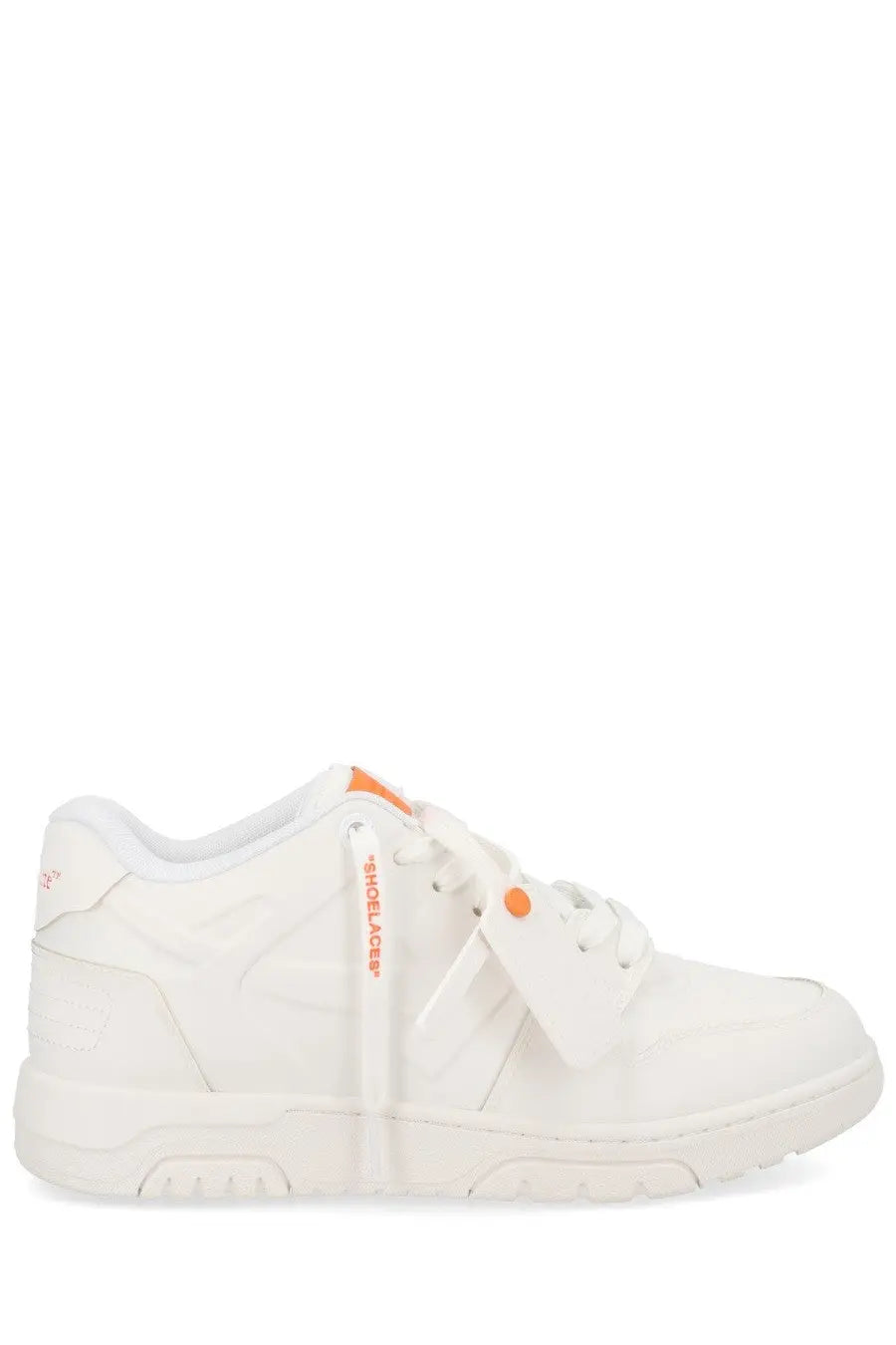 Off-white men’s sneaker out of office white with white off-white leather and orange branding in a minimalist design
