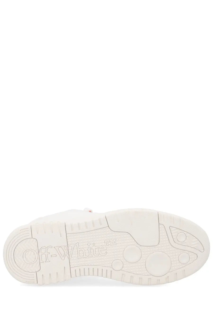 White off-white men’s sneaker sole with embossed branding and circular tread patterns from off-white out of office model