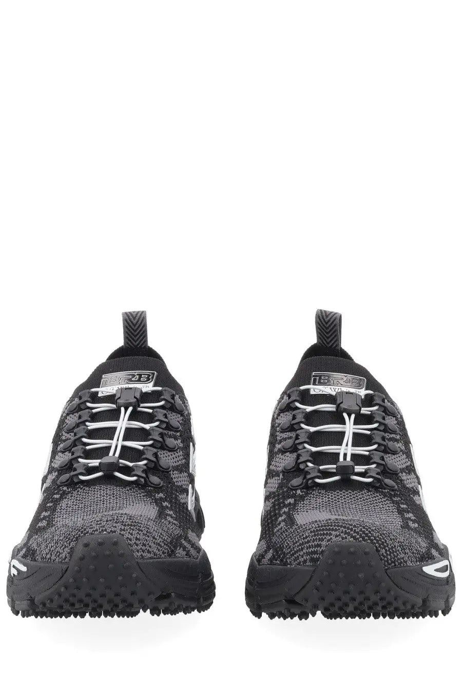 Off-white men’s sneaker be right back black knitted athletic sneaker in black and gray with white laces and textured sole