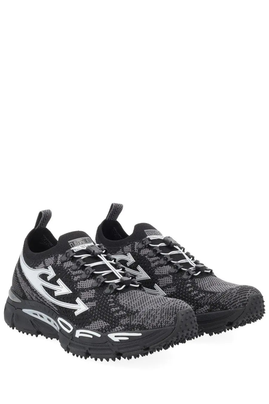Off-white men’s sneaker be right back black with black and white knit upper bold arrow graphics and rugged rubber sole