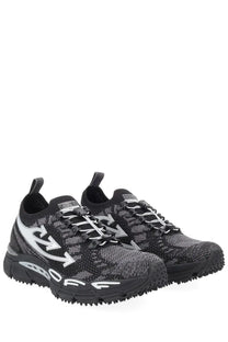 Off-white men’s sneaker be right back black with black and white knit upper bold arrow graphics and rugged rubber sole