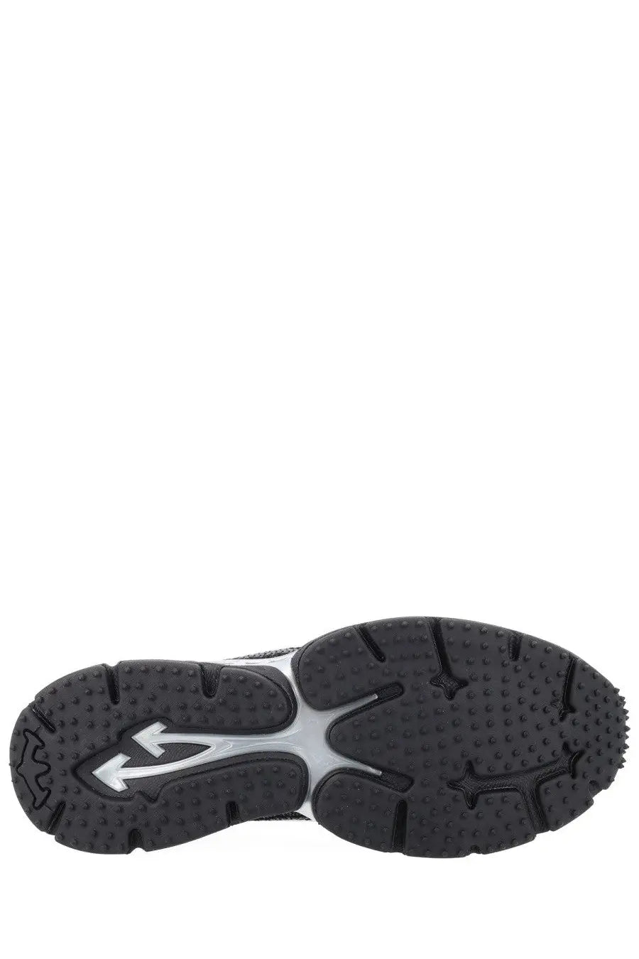 Black rubber sole with silver Off-White logo and textured grip pattern on Off-White men’s sneaker BE Right Back Black back side
