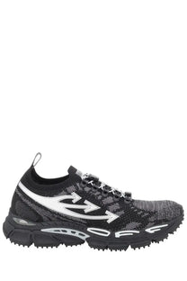 Off-white men’s sneaker be right back black with black and silver knit upper bold white arrow logo and chunky rubber sole