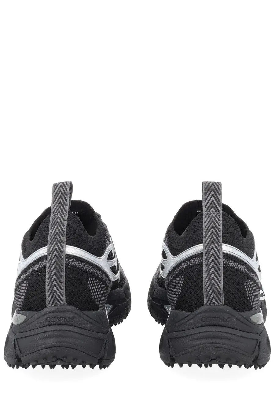 Off-white men’s sneaker be right back black with black and silver textured knit upper and chunky rubber soles