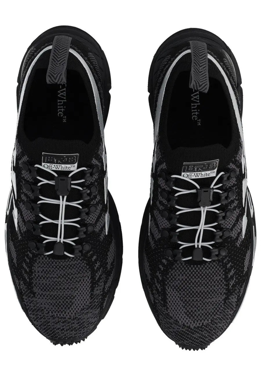 Off white men’s sneaker be right back black with textured black and white knit upper black laces and chunky rubber sole