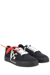 Off-white men’s sneaker vulc low black canvas sneakers with white laces and a bold red tag with off-white logo on side
