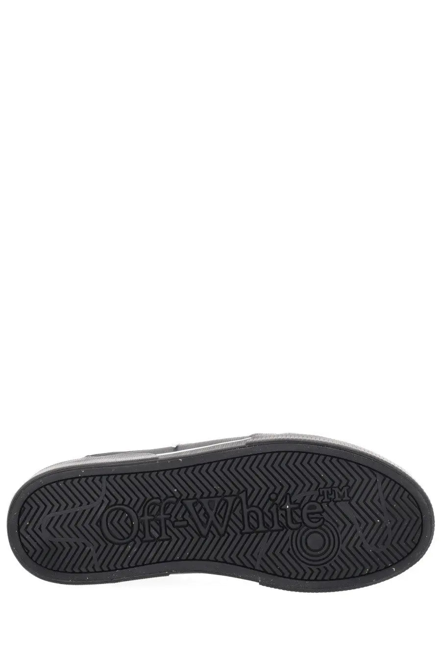 Off-white men’s sneaker vulc low black with black rubber sole featuring embossed off-white logo and chevron tread pattern