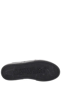 Off-white men’s sneaker vulc low black with black rubber sole featuring embossed off-white logo and chevron tread pattern