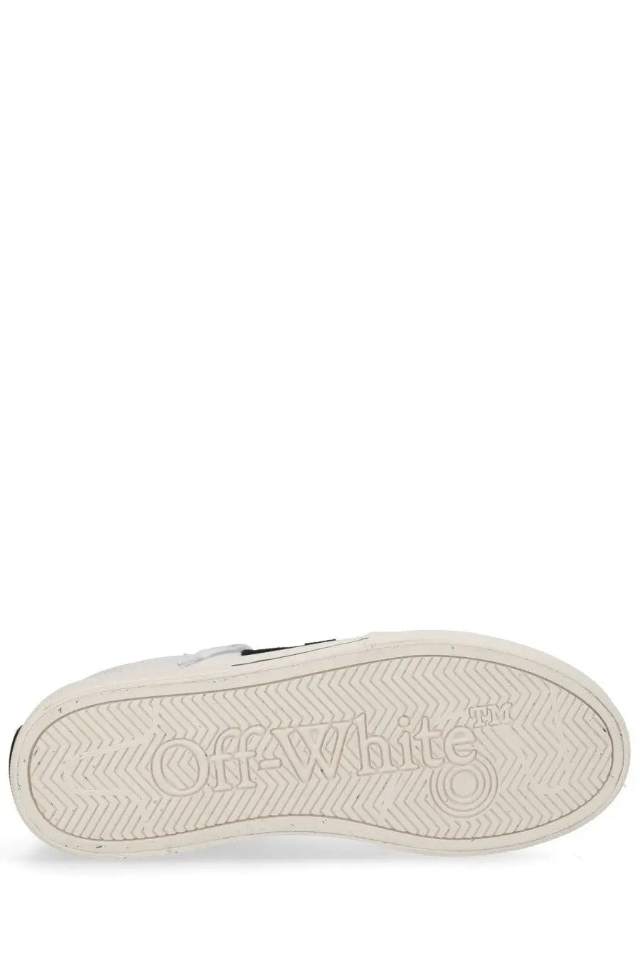 Off-white men’s sneaker vulc low white with white rubber sole featuring embossed logo and chevron tread pattern