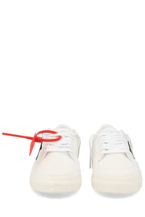 Off-white men’s sneaker vulc low white canvas with bold red zip tie threaded through the laces