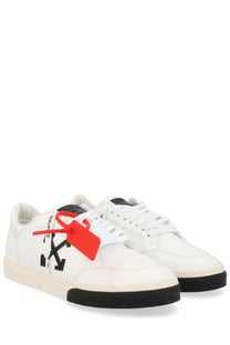 Off-white men’s sneaker vulc low white featuring white leather with black logo and red tag on the side