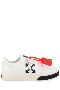 Off-White men’s sneaker vulc low white with white off-white leather, black arrow logo, and red zipper pull details