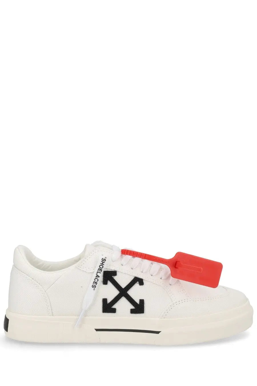 Off-white men’s sneaker vulc low white with bold black arrow logo and red tag on the tongue in white off-white color