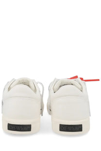 Off white men sneaker vulc low white showing back side with white off white sneakers red laces and black heel branding