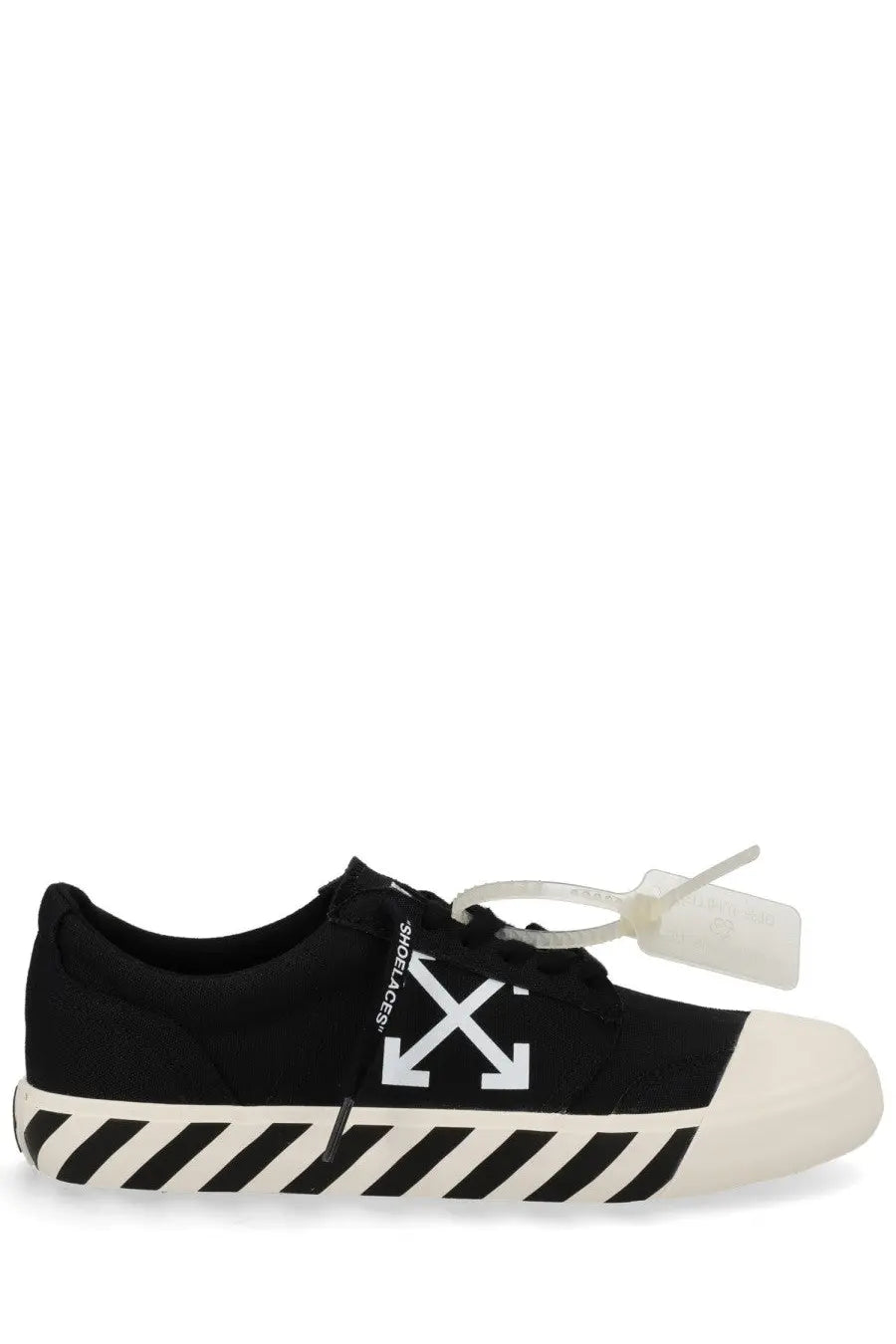 Off-White men’s black canvas sneaker vulc undercut with white rubber toe cap striped sole and bold white arrow logo side