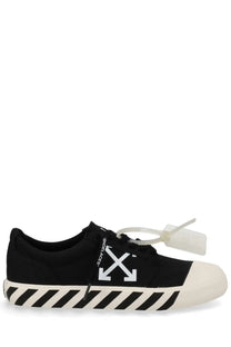 Off-White men’s black canvas sneaker vulc undercut with white rubber toe cap striped sole and bold white arrow logo side