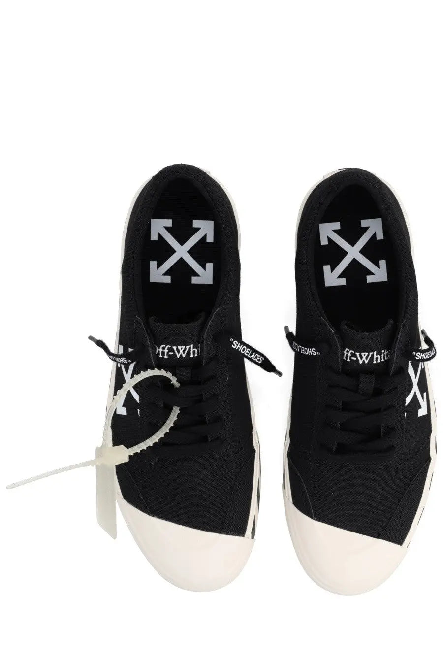 Off-white men’s sneaker vulc undercut black black canvas with white rubber soles and white arrow logo on the insole