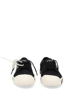 Off-white men’s sneaker vulc undercut black with white rubber soles and clear plastic zip tie on the laces