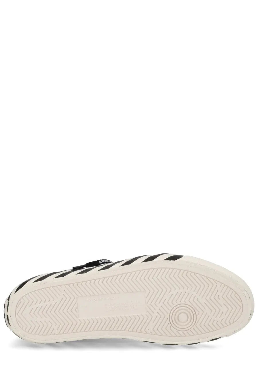 Off-white men’s sneaker vulc undercut black with black and white stripes and textured rubber sole slip-on design