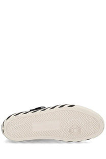 Off-white men’s sneaker vulc undercut black with black and white stripes and textured rubber sole slip-on design