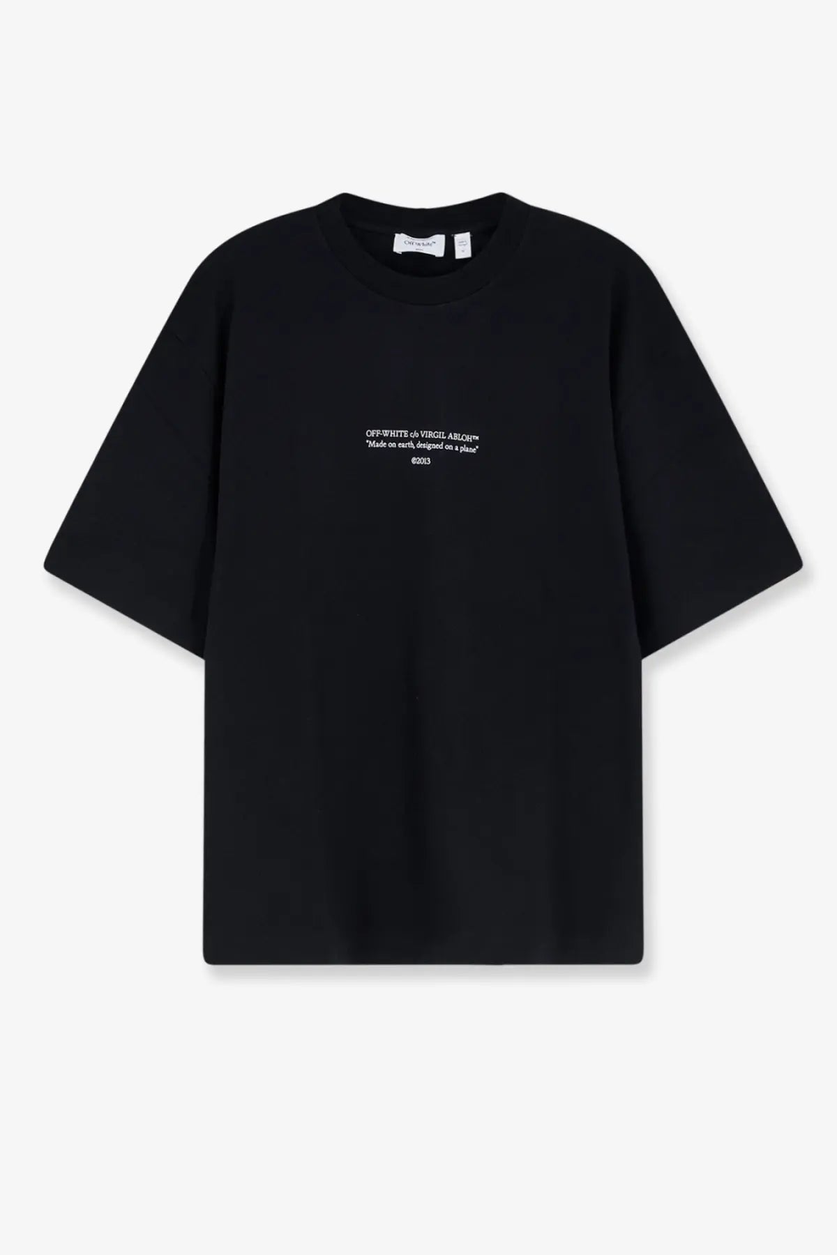 Off-White men’s black cotton t-shirt with white logo and text on the chest by Virgil Abloh