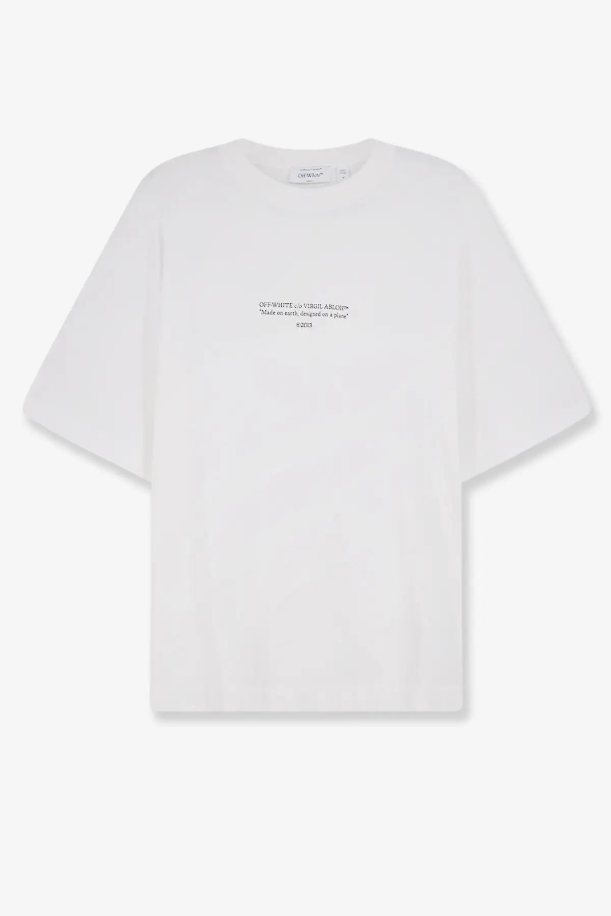Off-white men’s cotton t shirt with minimalist black text print on chest from Off-White casual collection