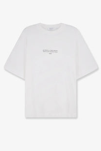Off-white men’s cotton t shirt with minimalist black text print on chest from Off-White casual collection