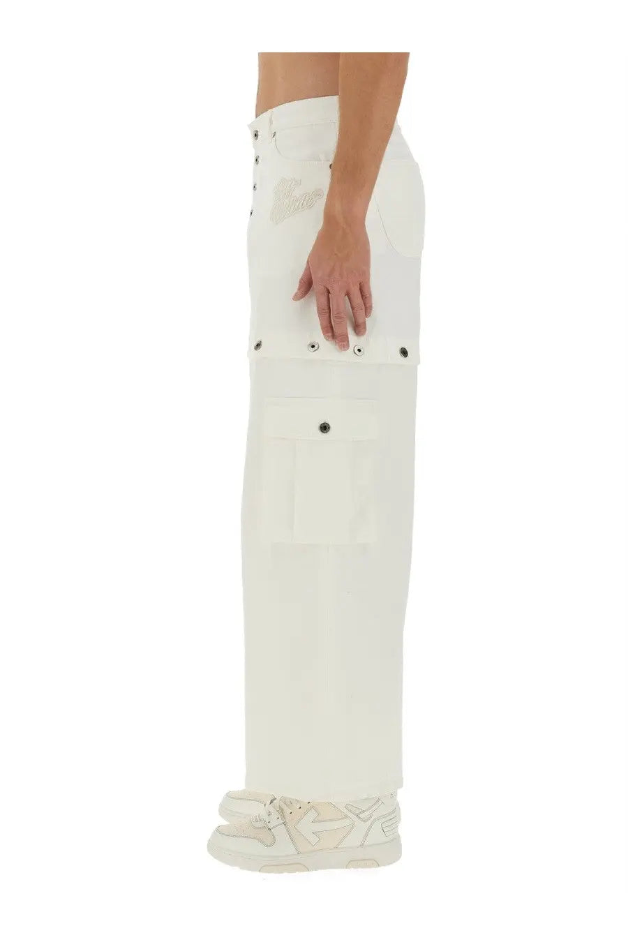 Off-White men’s super baggy white denim cargo pants with high-waisted straight-leg cut and black rivet pockets
