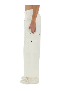 Off-White men’s super baggy white denim cargo pants with high-waisted straight-leg cut and black rivet pockets
