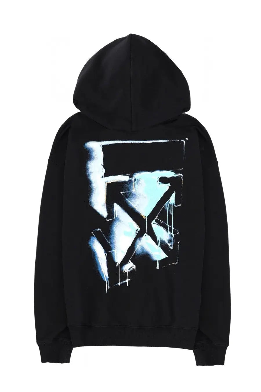 Black off-white men’s sweatshirt showing the back with a bold light blue and white graffiti-style logo print