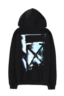 Black off-white men’s sweatshirt showing the back with a bold light blue and white graffiti-style logo print