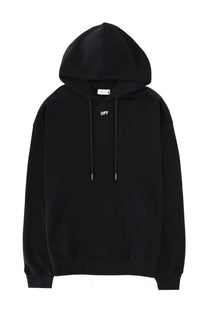 Off-White men’s black hoodie with minimalist white off logo on chest and matching drawstrings in cotton blend material