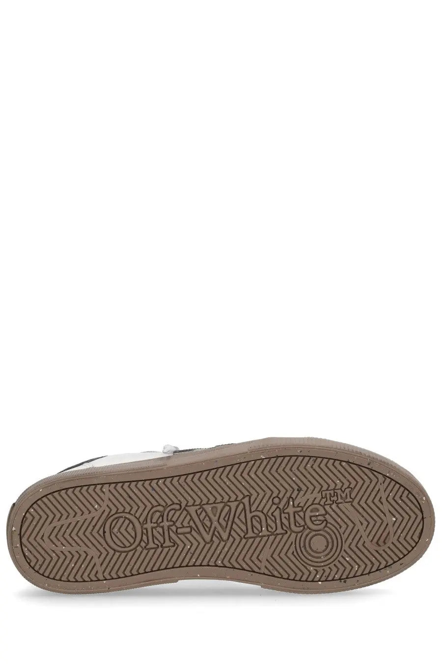 Brown rubber sole with zigzag tread and off-white logo embossed in white on off-white men’s vulcanized sneaker black