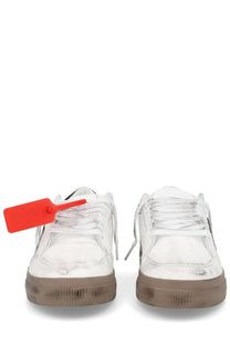 Off-White men’s black vulcanized sneaker with white distressed leather and a red tag on the left shoe