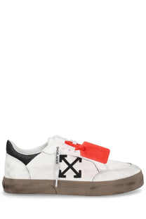 Off-White men’s vulcanized sneaker in white leather with black logo red tag and brown rubber sole front view