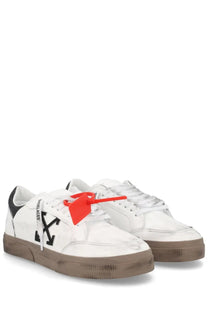Off-White men’s vulcanized sneaker black white leather with black branding and bright red tag on the laces