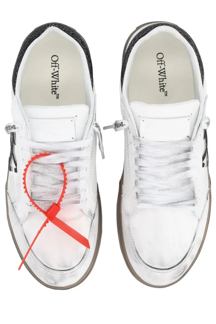 Off-white men’s vulcanized sneaker black with distressed leather upper white and off-white color and red zip tie