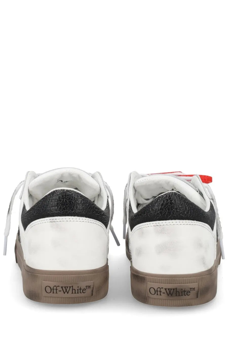 Off-white men’s vulcanized sneaker black with distressed white leather upper and crocodile-patterned black heel tab back view
