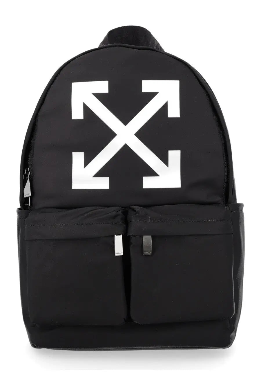 Off-White men’s zaino full arrow black backpack in black featuring a bold white arrow logo on the front