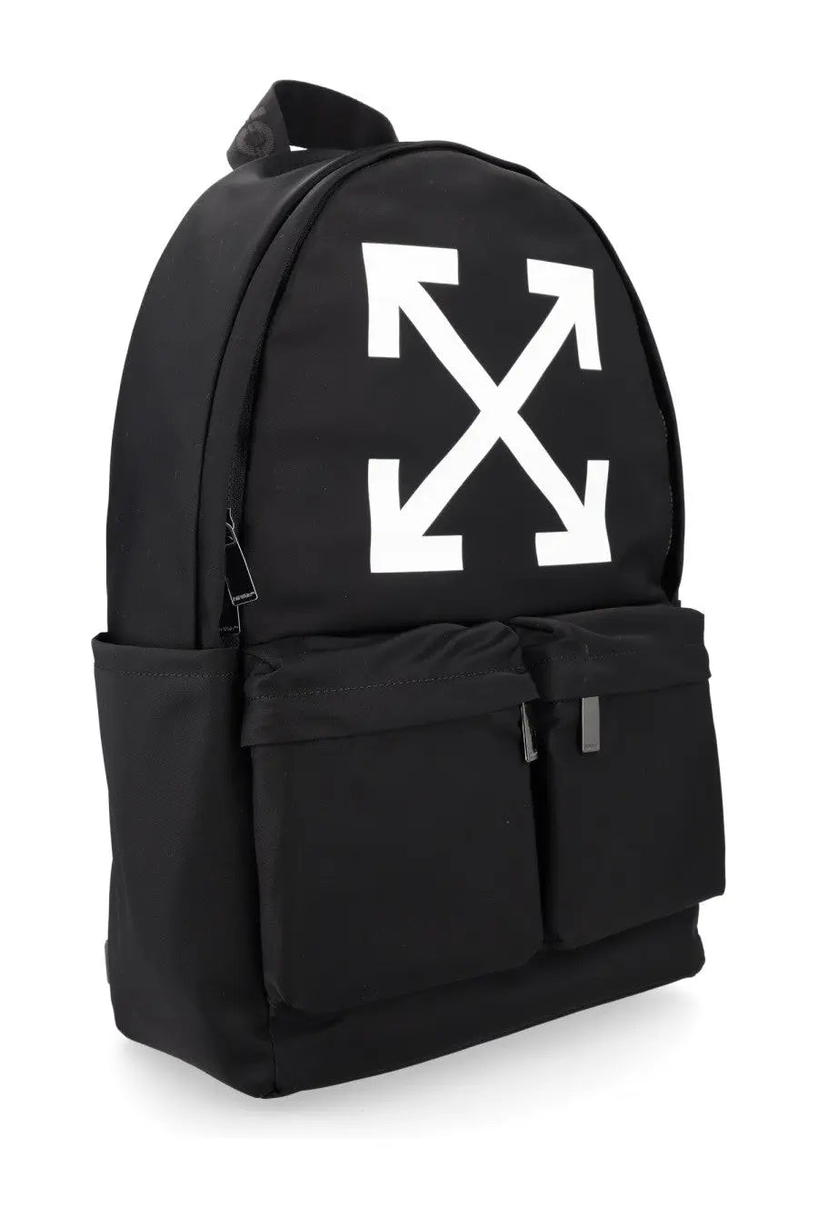 Off-white men’s zaino full arrow black backpack in black featuring a bold white arrow logo on the front