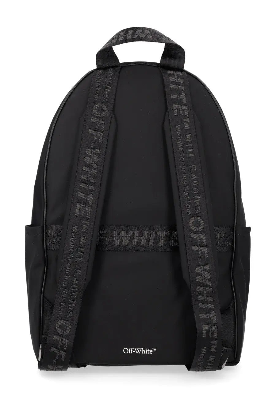 Off-white men’s zaino full arrow black backpack shown from the back with signature logo tape on straps and panel